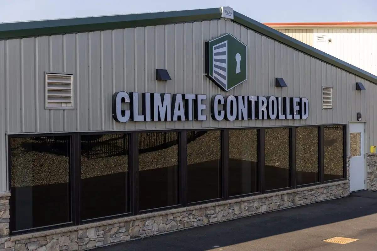 Climate-controlled building exterior with prominent CLIMATE CONTROLLED signage